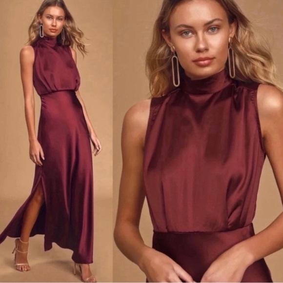 Classy Wine Burgundy Satin Mock Neck Maxi Dress 🌿 - Picture 5 of 8